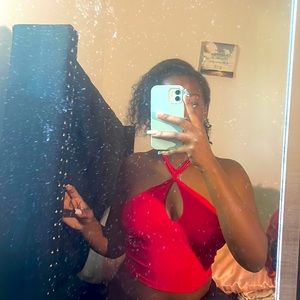 2 saints red wrap around crop top